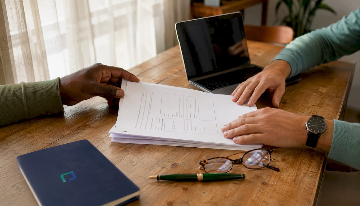 Hands holding vehicle tracker insurance claim documents