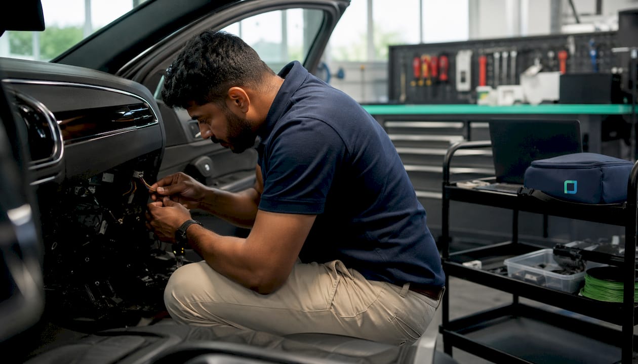 Technician installing S5 vehicle tracker in car
