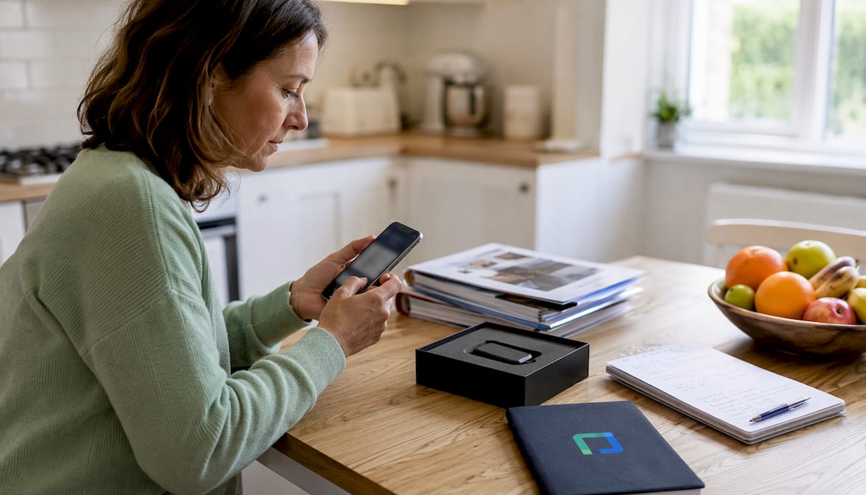 Woman evaluating phone app while car tracker sits unopened