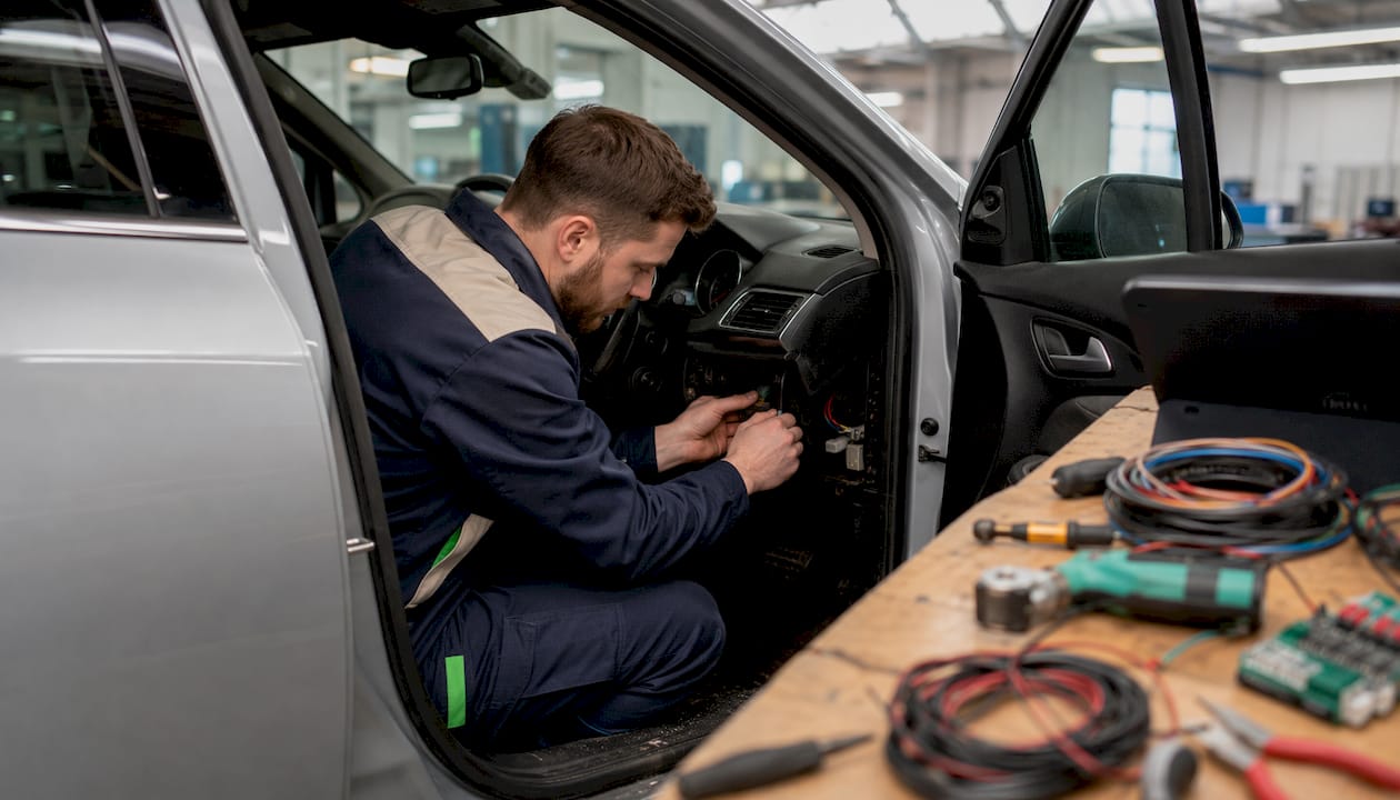 Technician installing car tracker inside vehicle dashboard