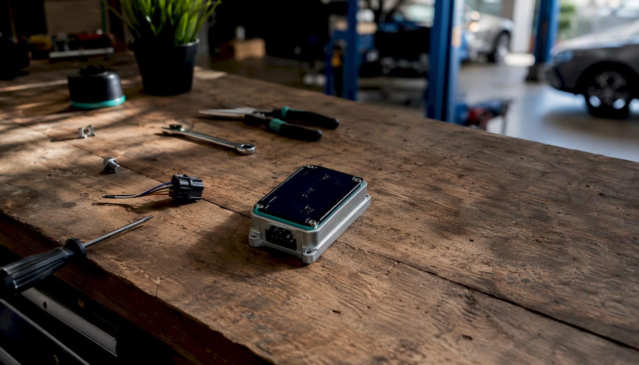 Vehicle tracker with vibration sensor on workbench