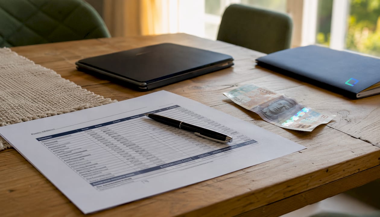 Cost estimate spreadsheet and pen on desk