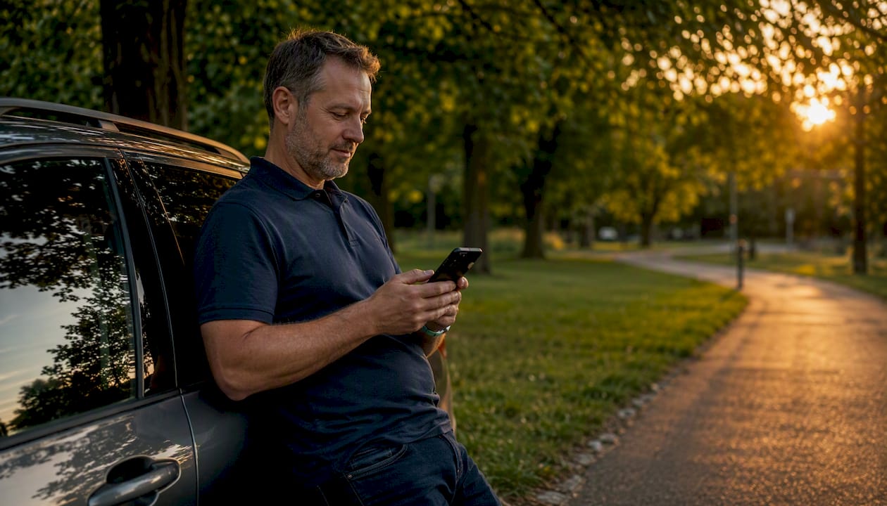 Hands using smartphone in car cabin