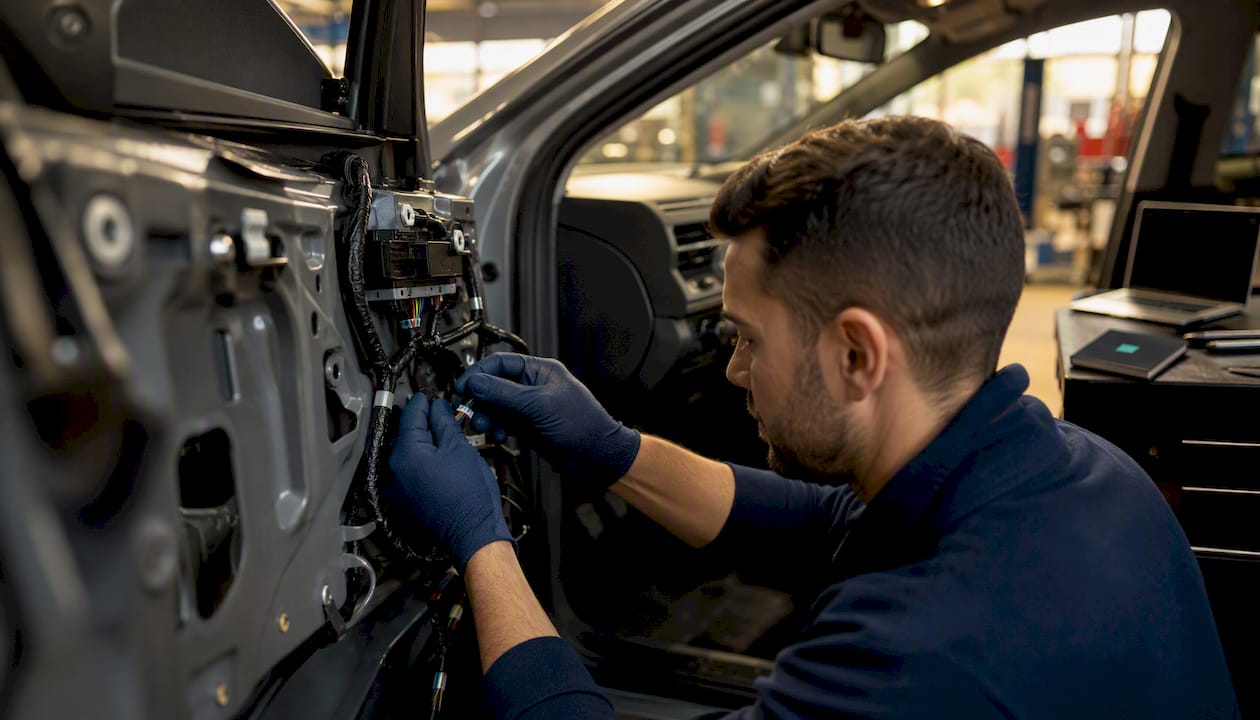 Technician installing and concealing tracker wiring