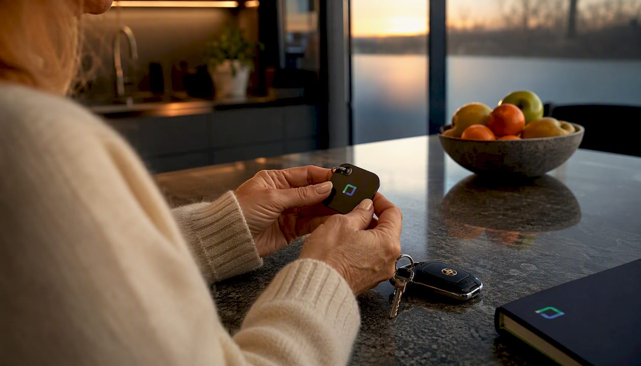Hands holding driver recognition tag beside car keys