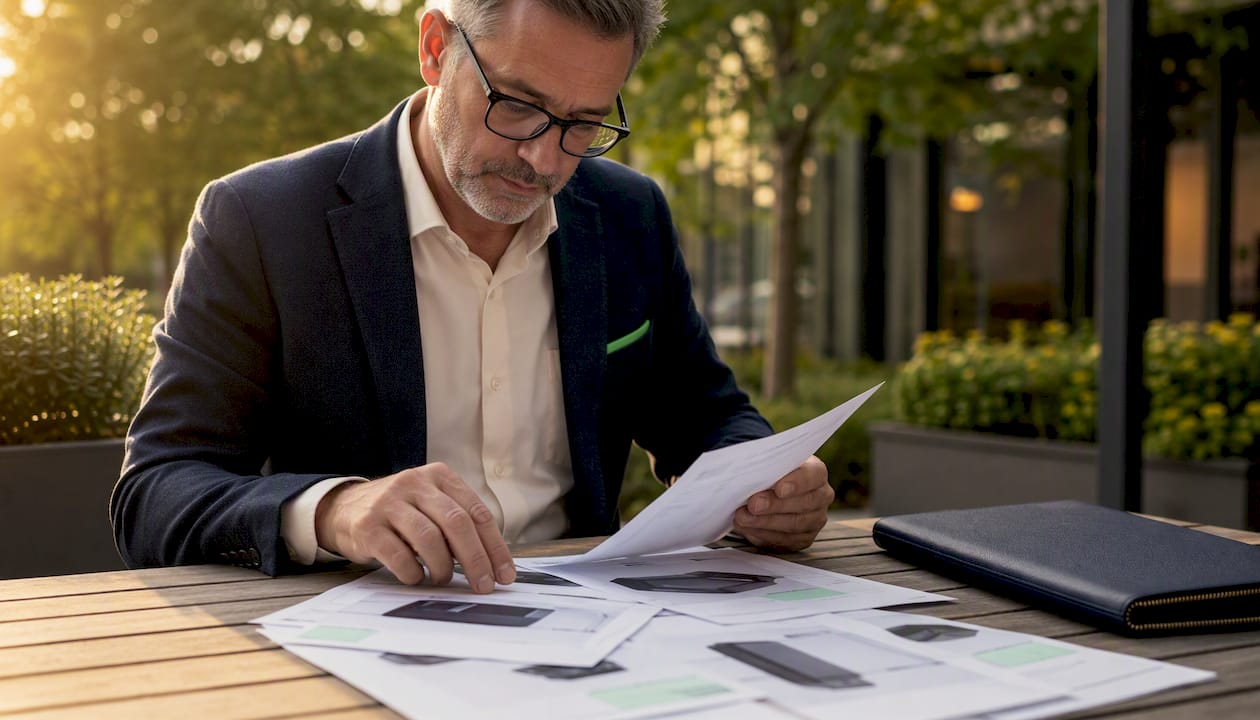 Insurance advisor reviewing Trackstar model brochures