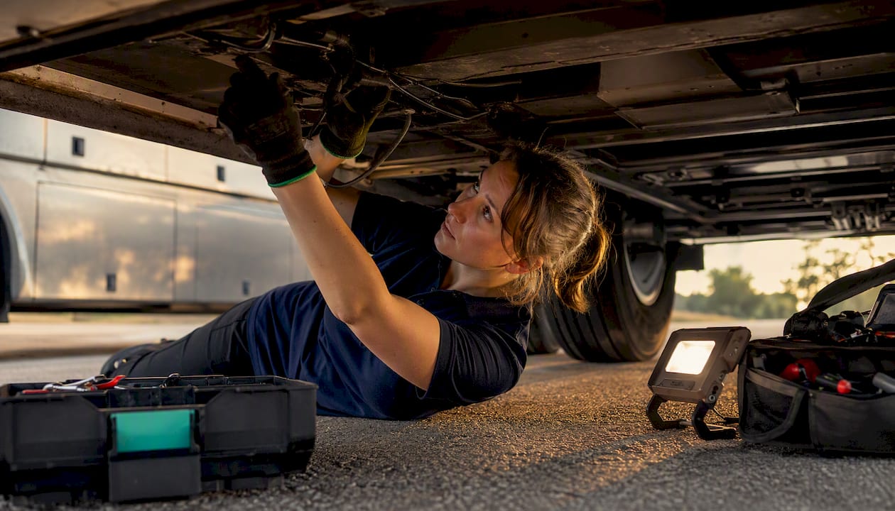 Engineer installing tracker under motorhome