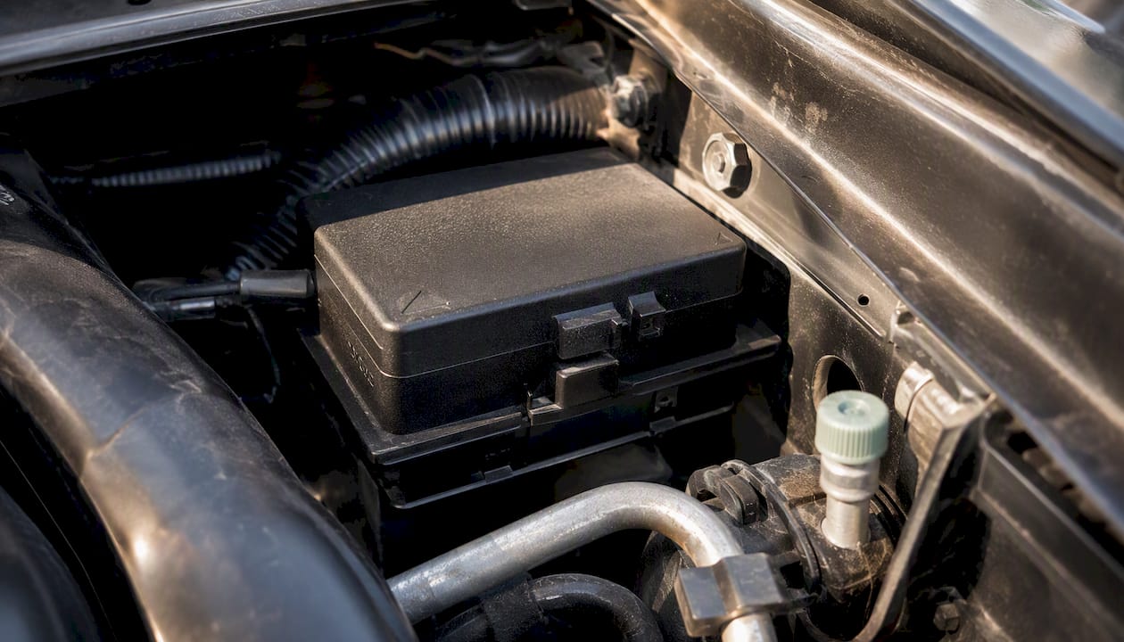 Backup battery installed in vehicle engine bay corner