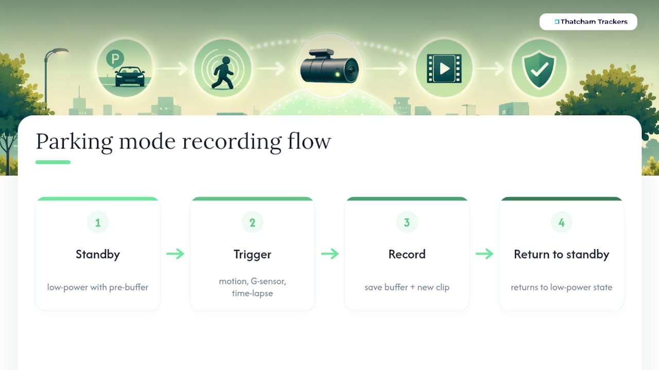 Parking mode dashcam trigger and recording flow