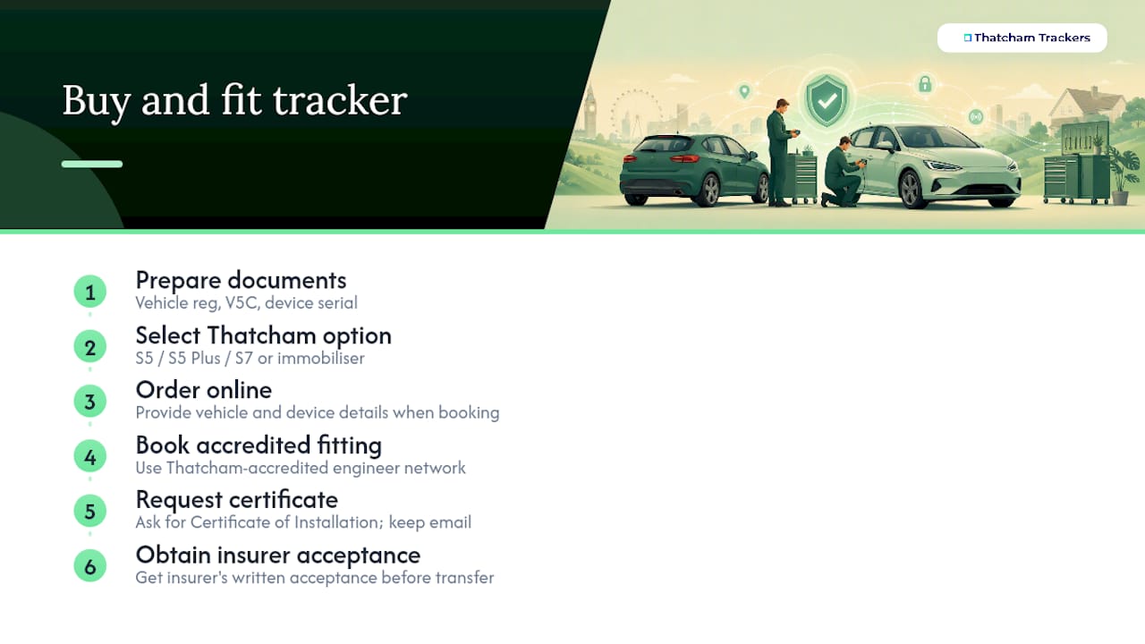 Buy a Thatcham-approved tracker and book accredited fitting — overview diagram