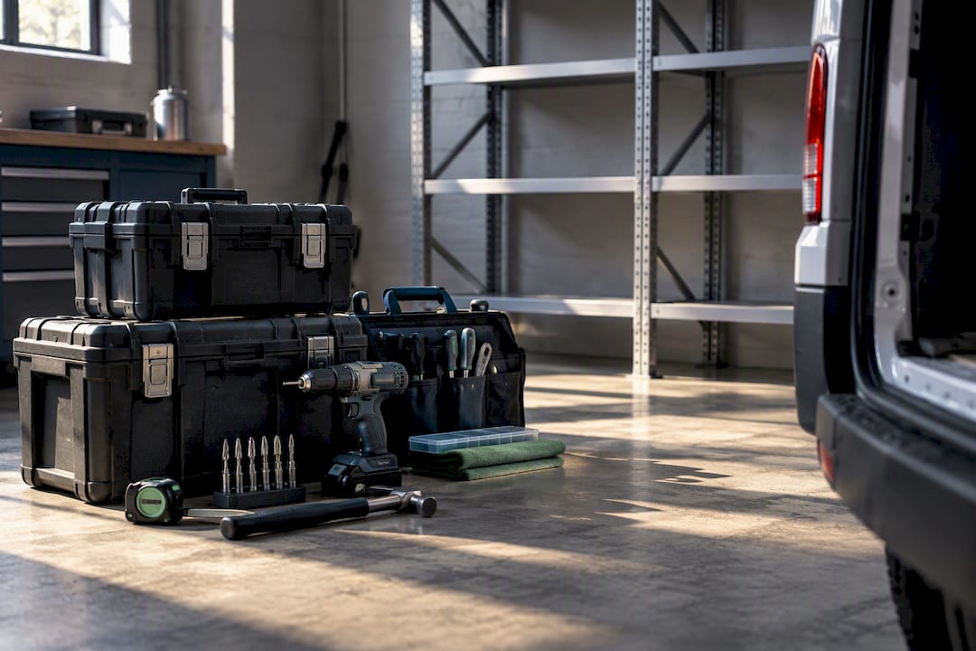 Trade tools beside an empty vehicle storage area