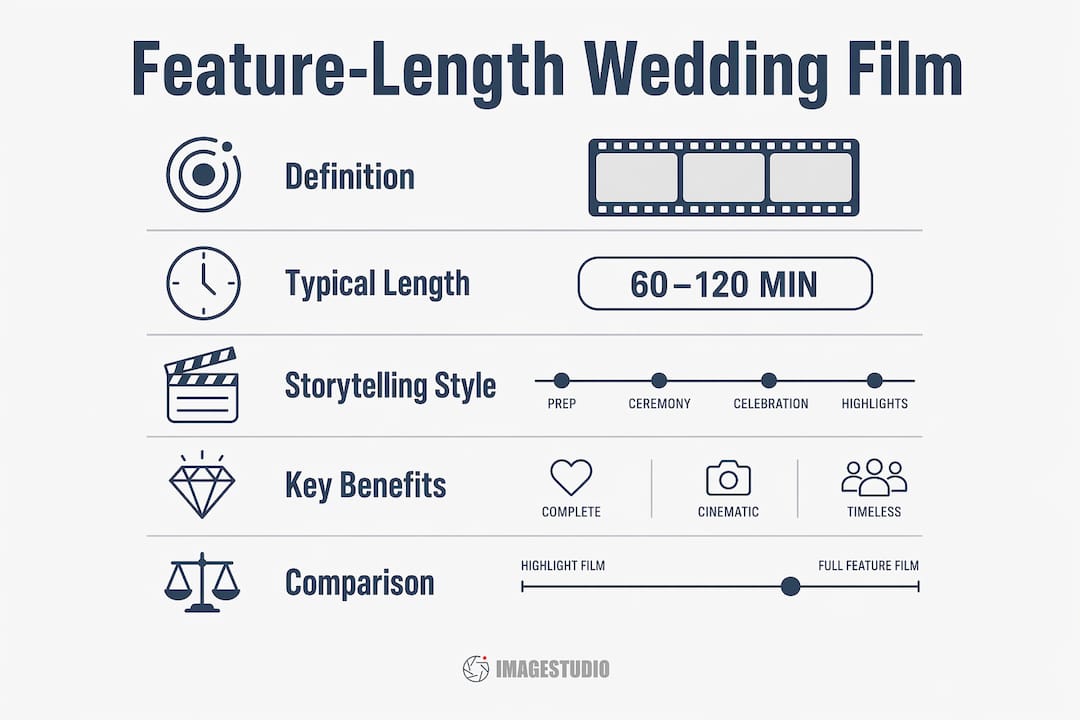 Infographic showing feature-length wedding film key points