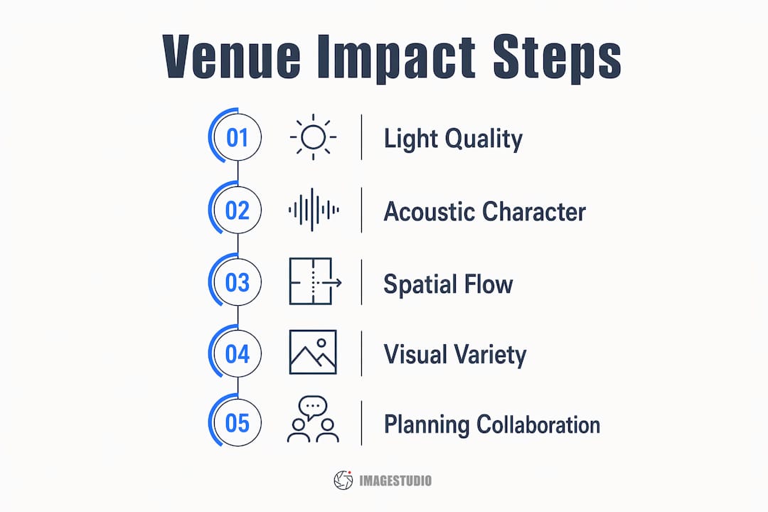 Infographic illustrating key steps of venue impact on wedding cinematography