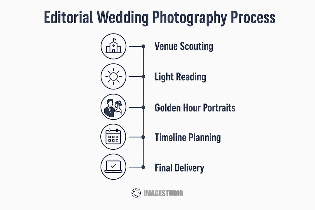 Infographic outlining the editorial wedding photography process in Italy