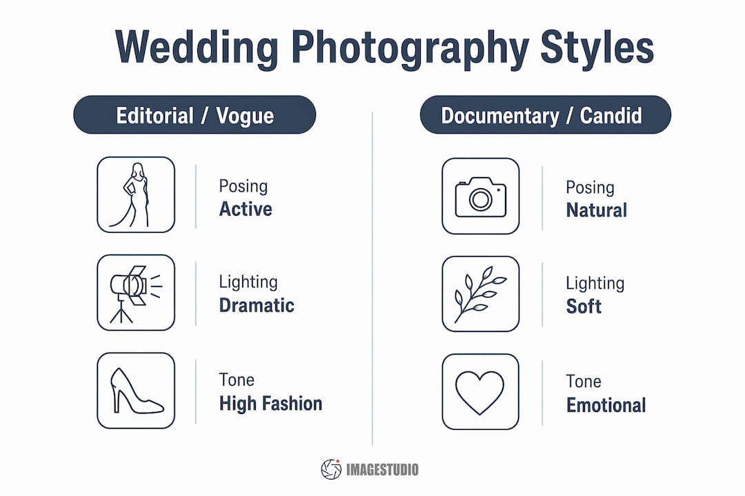 Infographic comparing editorial and candid wedding photography styles