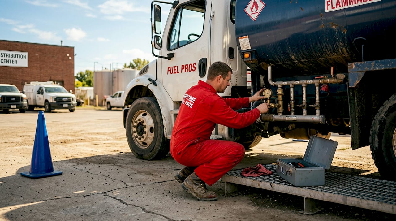 Technician checks gauges on fuel truck
