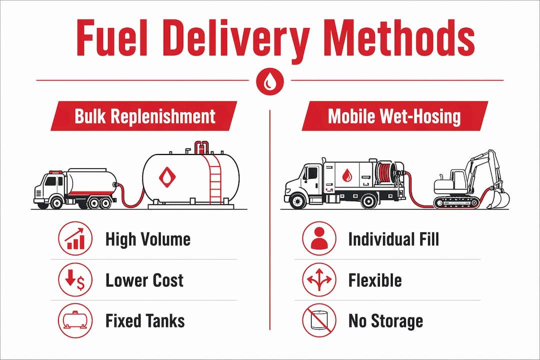 Fuel Delivery for Logistics Yards: 2026 Operations Guide 1 Infographic comparing bulk tank and mobile wet-hosing fuel delivery