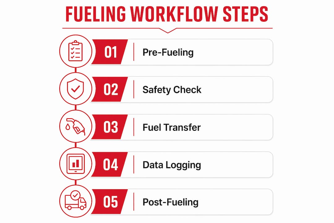 Infographic illustrating construction site fueling workflow steps