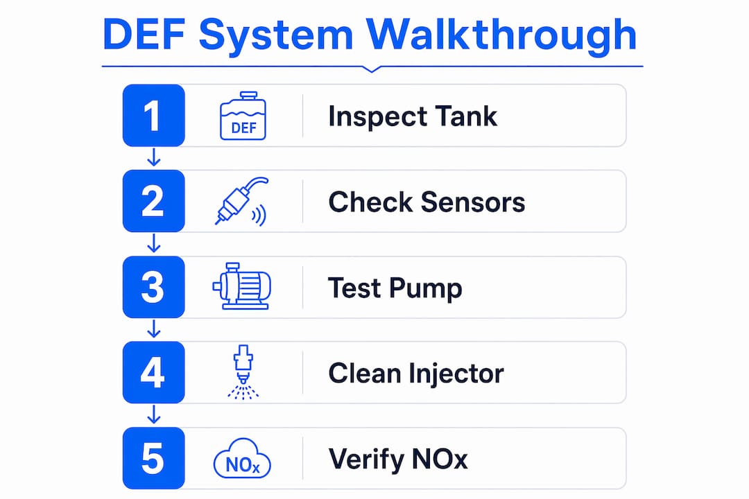 Vertical flow infographic of diesel truck DEF system walkthrough steps