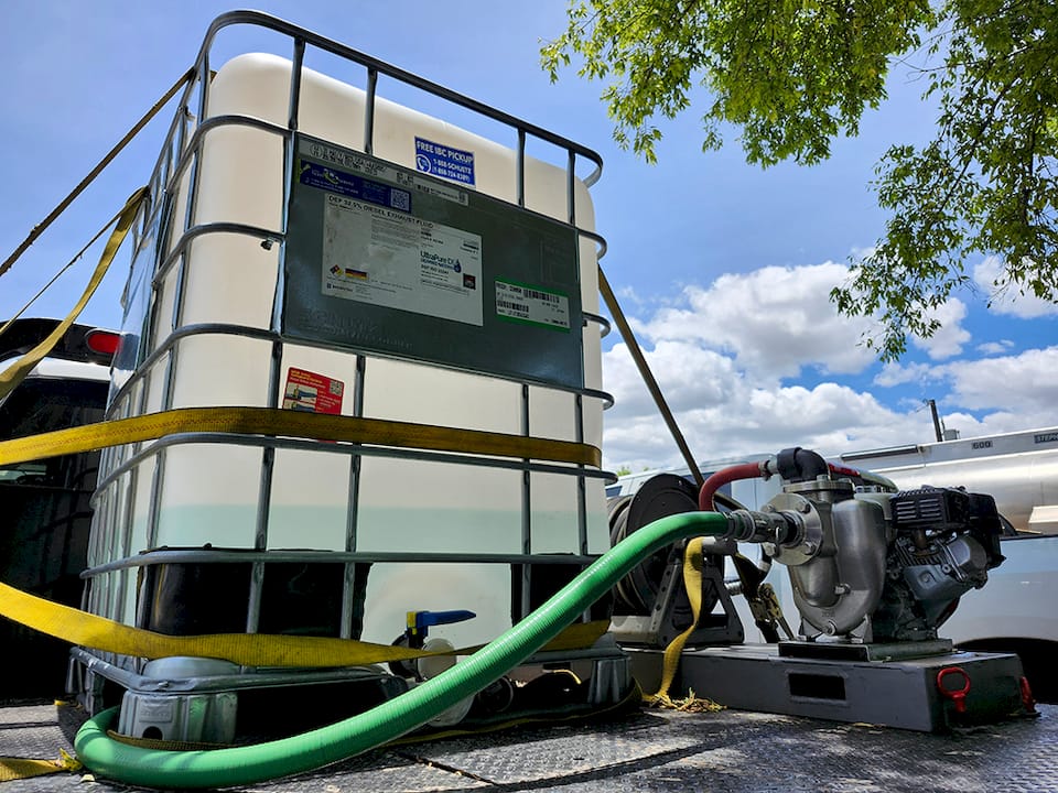 Close-up of diesel truck DEF system components and sensors