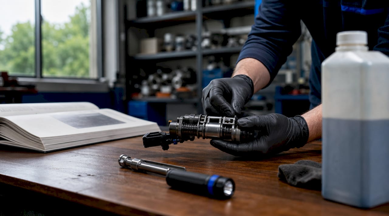 Hands inspecting SCR injector component on workbench