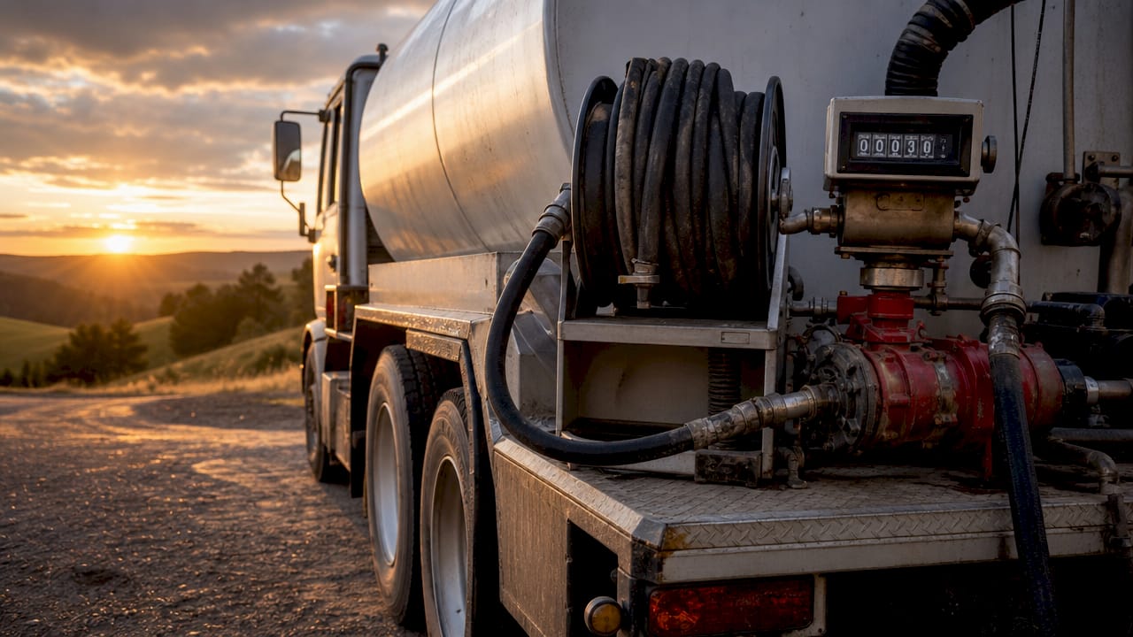 Close-up of farm fuel delivery truck equipment