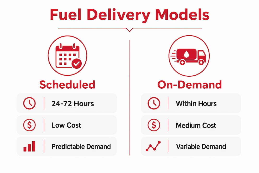 Infographic comparing scheduled and on-demand fuel delivery models