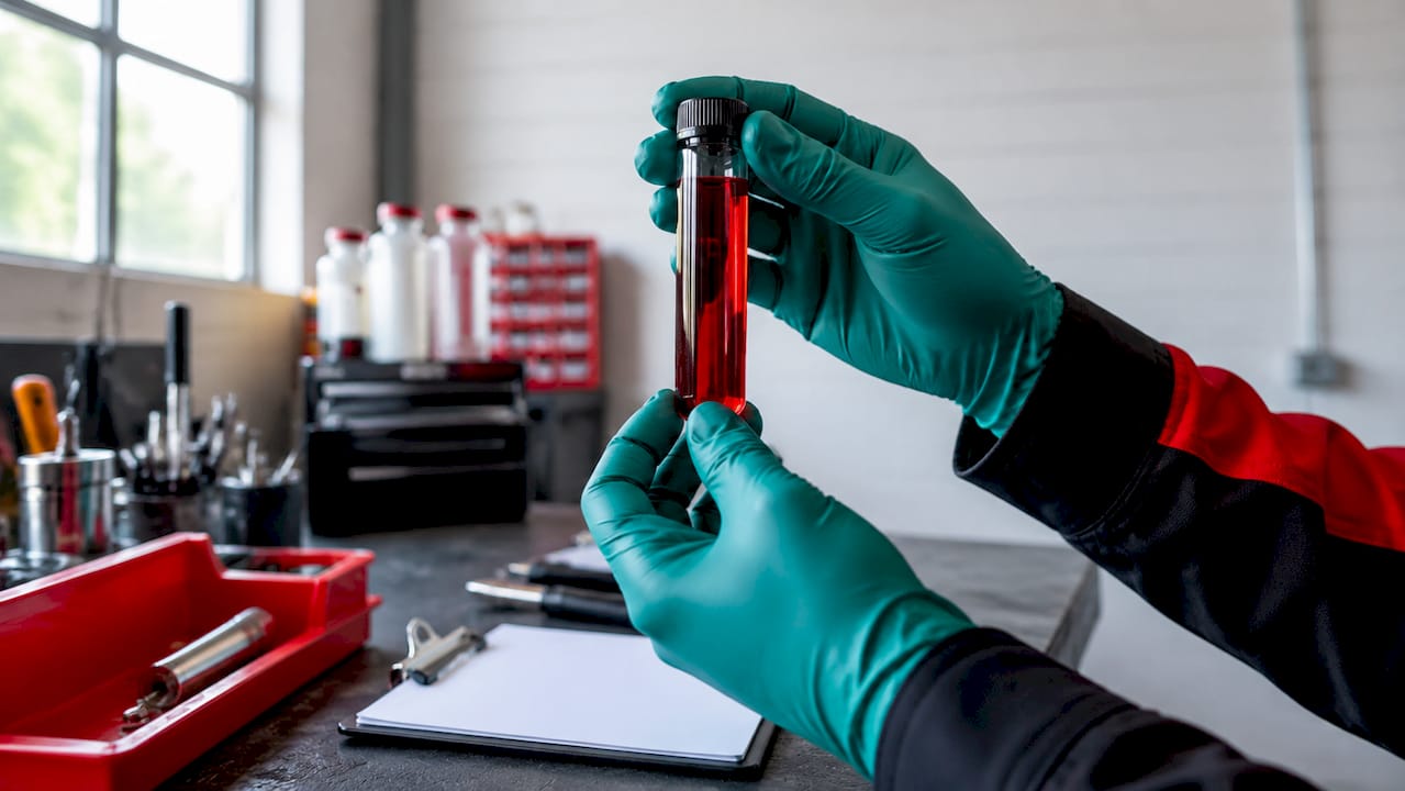 Dyed vs Clear Diesel Explained for Fleet Managers 1 Close-up of red dyed diesel fuel sample in vial