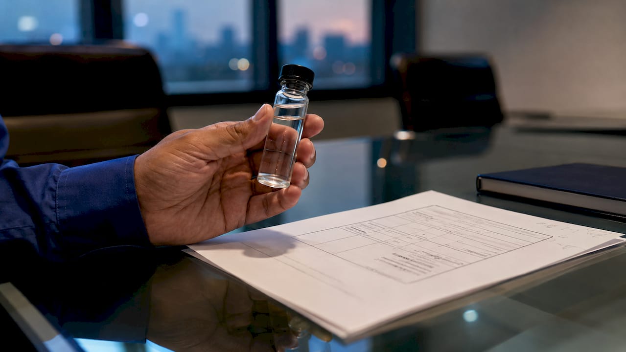Hand holding DEF vial near compliance certificate