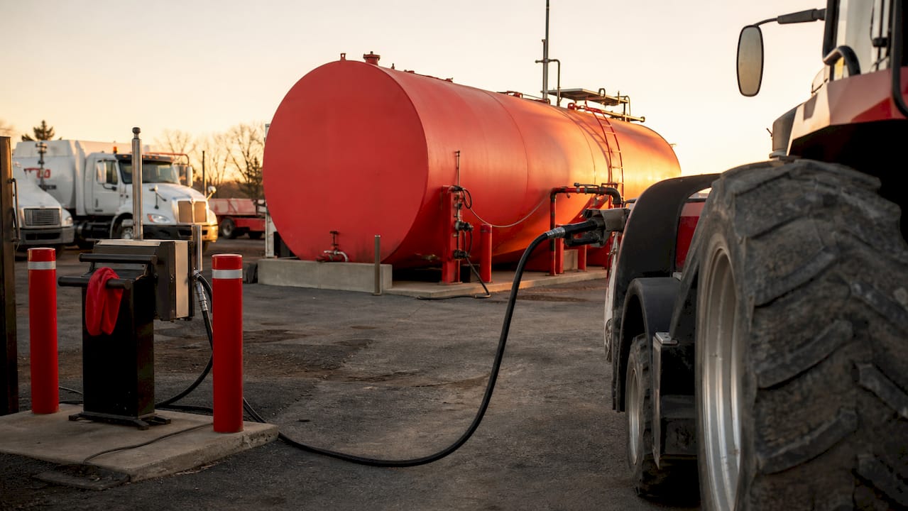 Dyed diesel fuel tank delivering fuel to construction equipment