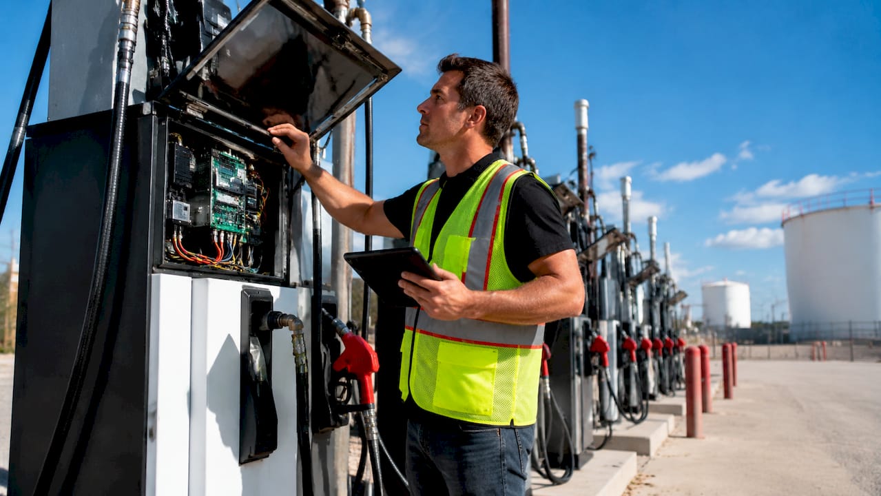 Technician inspecting fuel pump hardware