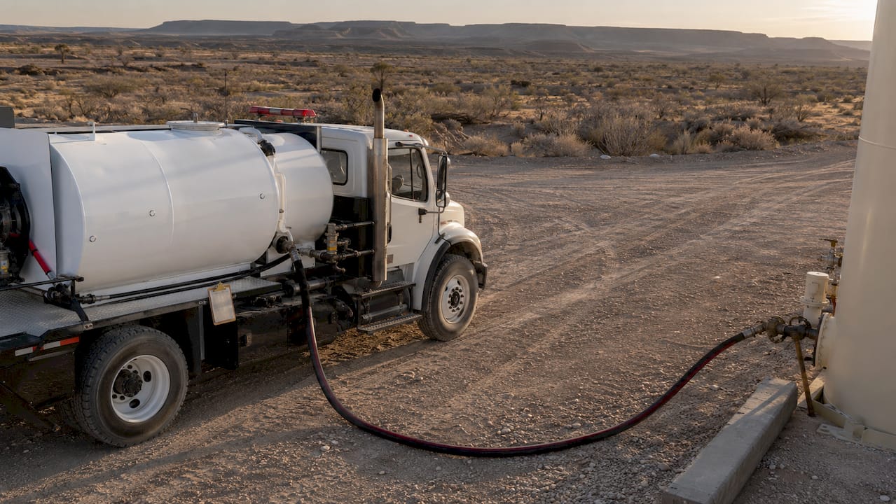 Fuel truck driver connecting hoses in rough terrain