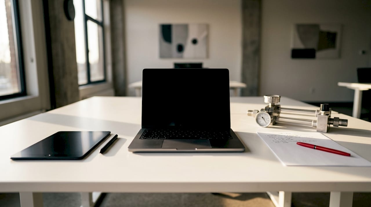 Desk with laptop and flow meter device