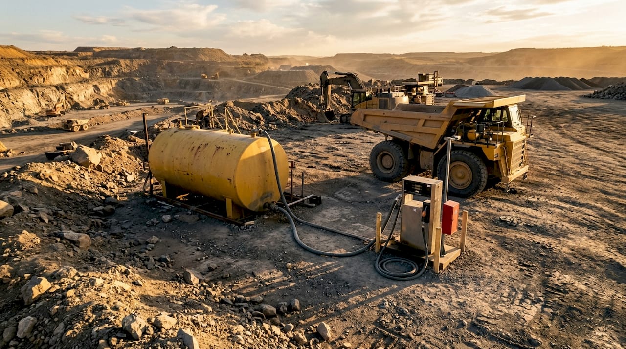 Close-up diesel fuel tank filling for mining equipment