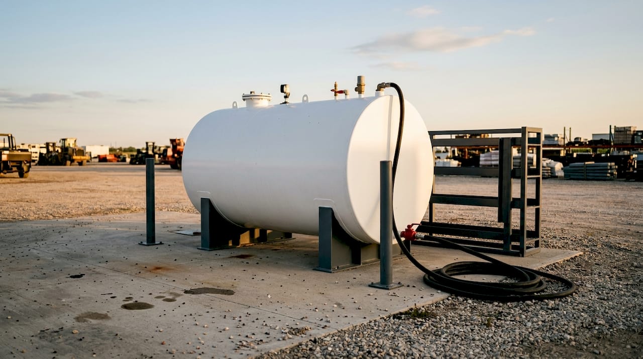 Close-up of aboveground bulk fuel storage tank and equipment