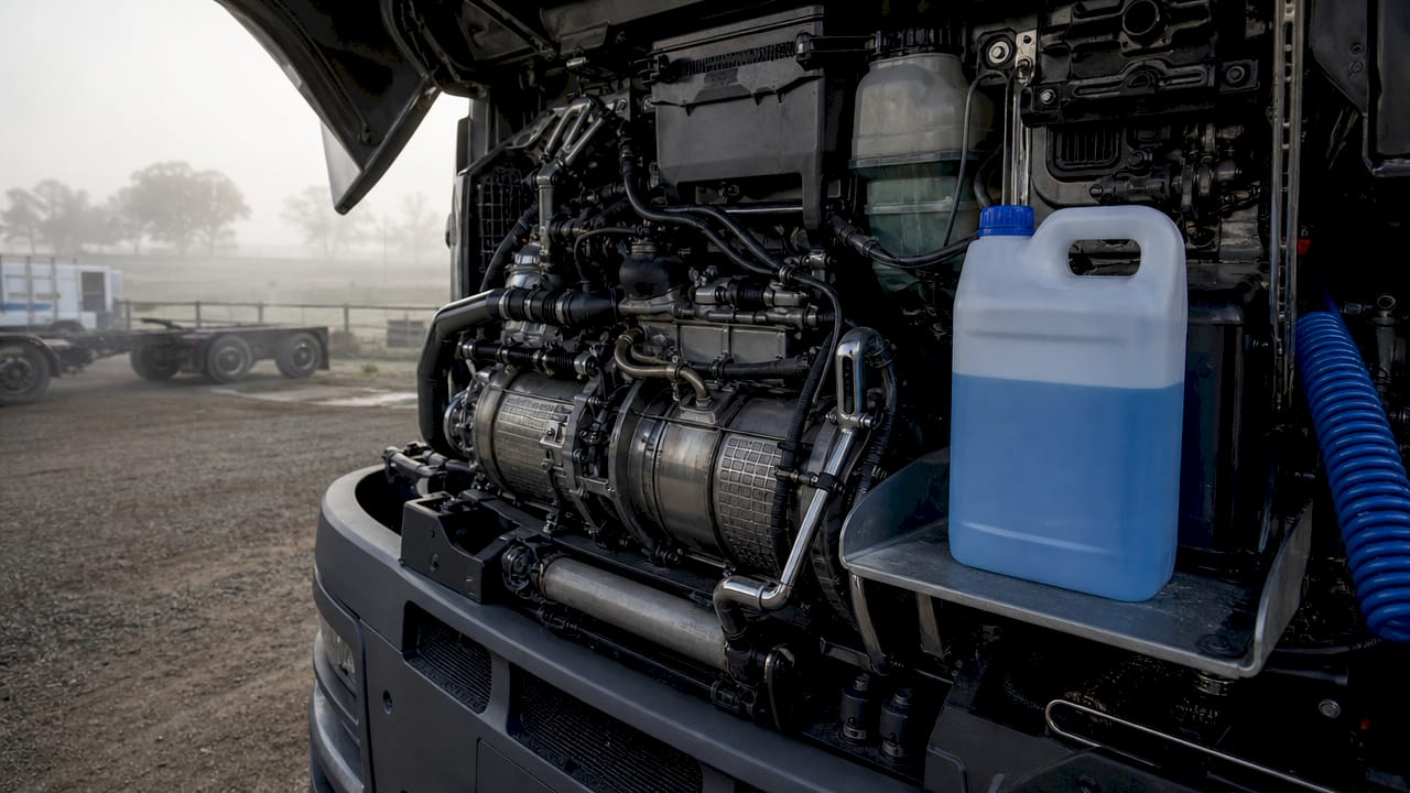 Truck engine SCR system with DEF container