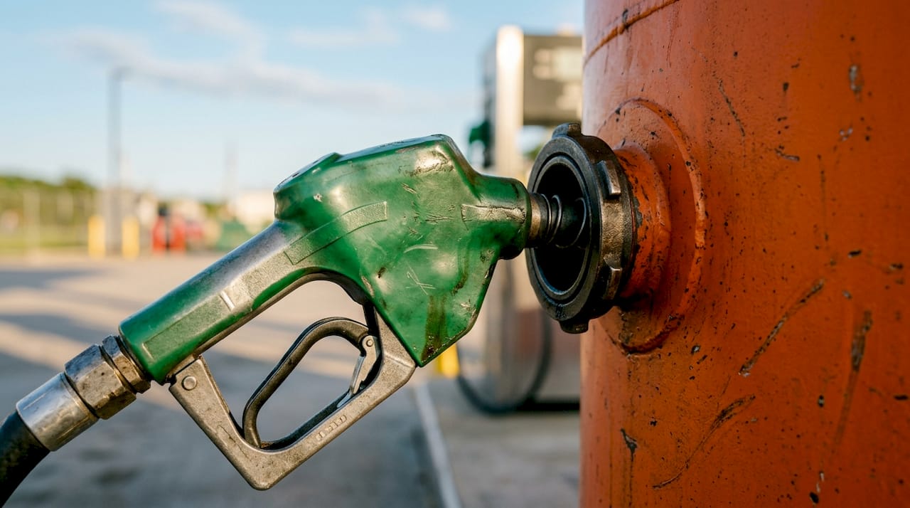 Close-up of unbranded fuel pump nozzle on storage tank