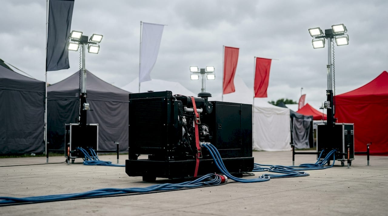 Fuel Delivery for Sporting Events: A Planner's Guide 1 Diesel generator powering lighting towers outdoors