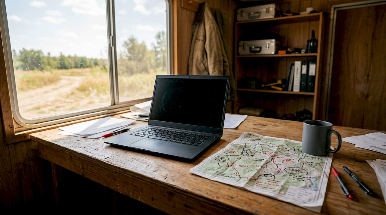 Frac Site Diesel Logistics Challenges: 2026 Guide 1 Laptop and paper maps on trailer desk at dawn