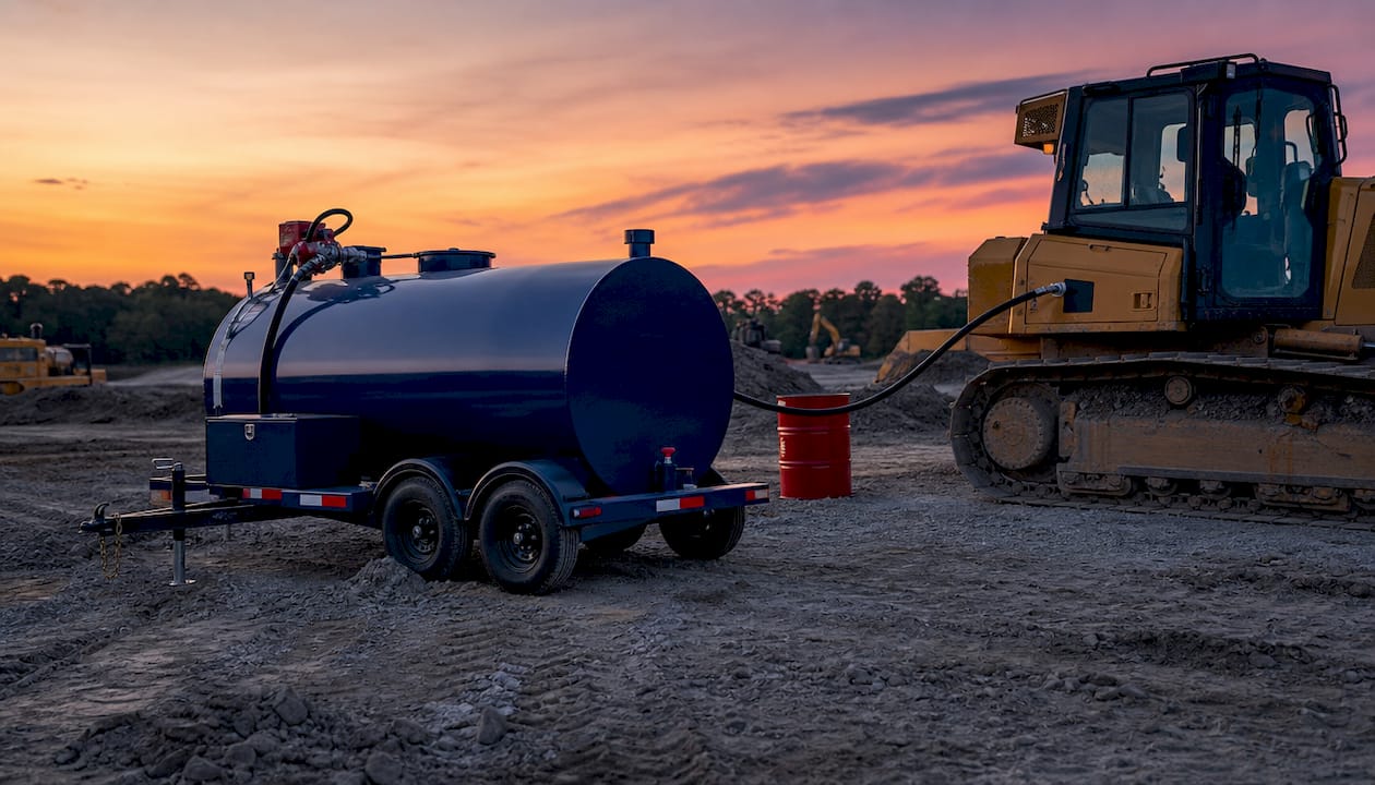 Mobile fuel tank refueling heavy equipment outdoors