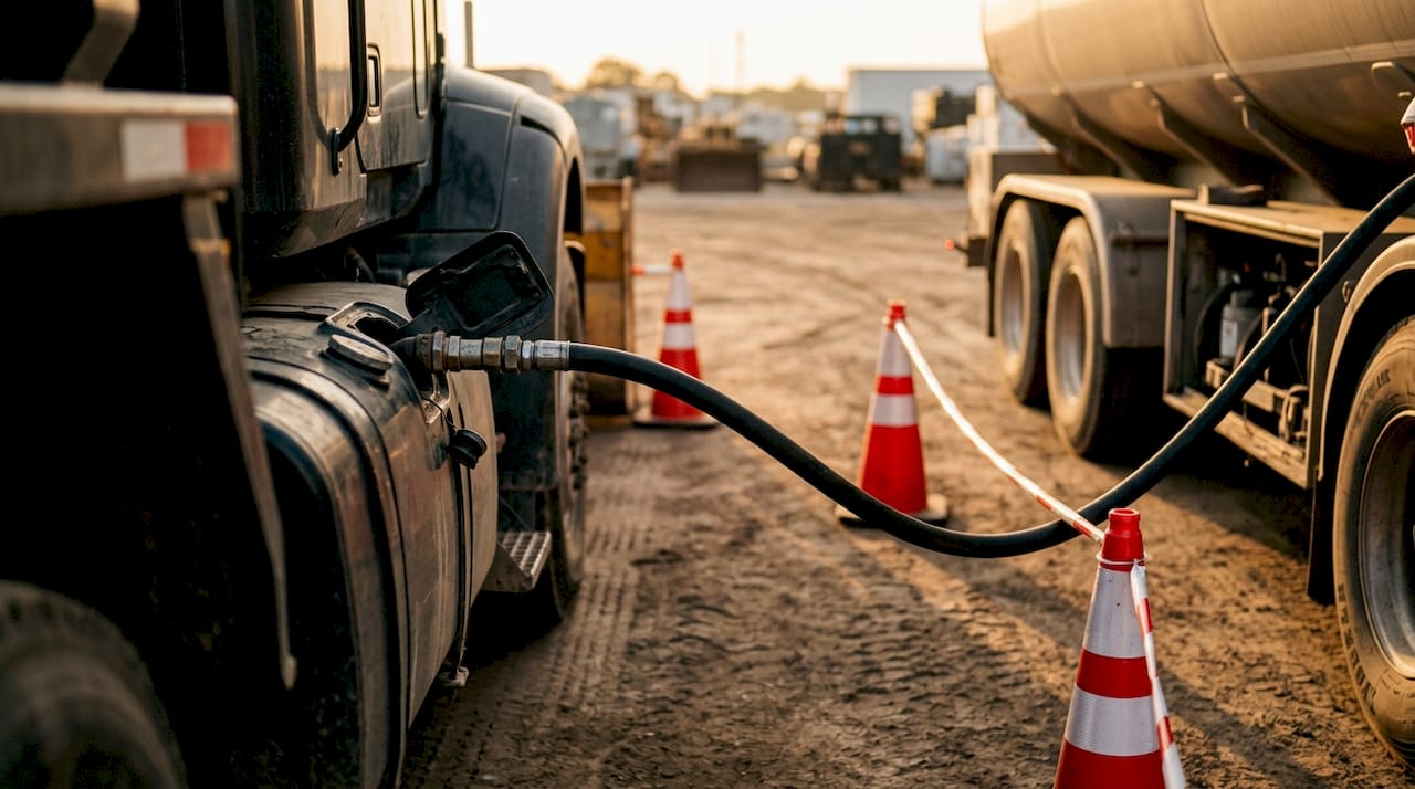 How Fuel Delivery Reduces Fleet Downtime for Managers 1 Close-up overhead of fuel hose connected to vehicle