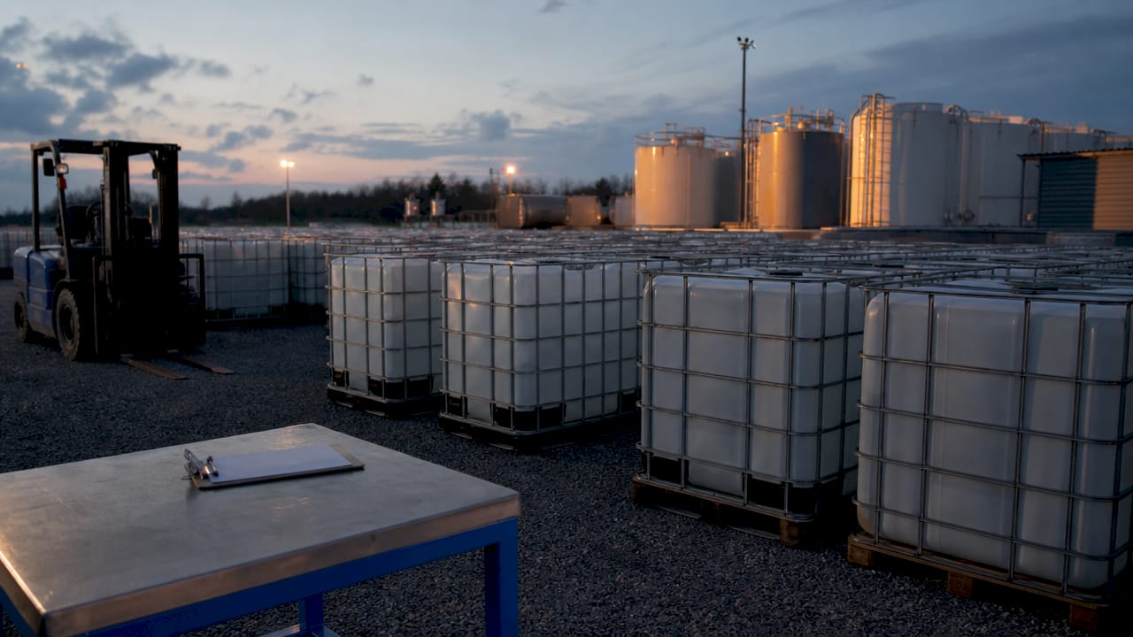 Top-down view of DEF totes in fleet yard