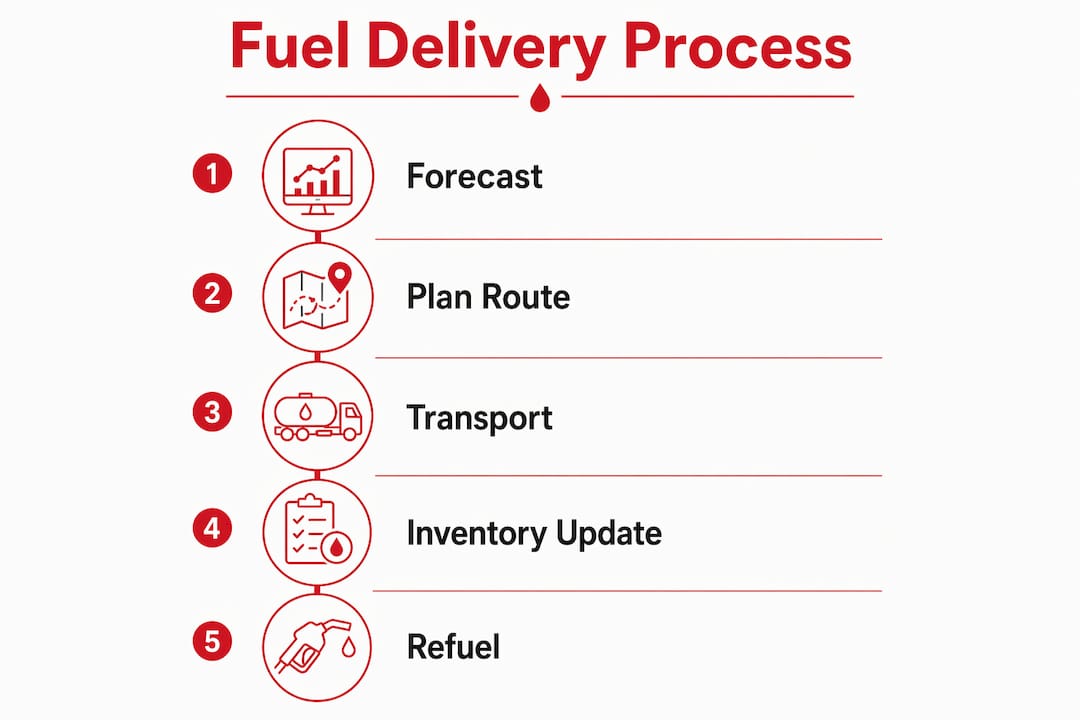 Fuel Delivery for Remote Mining: A Site Manager's Guide 2 Infographic illustrating fuel delivery process steps