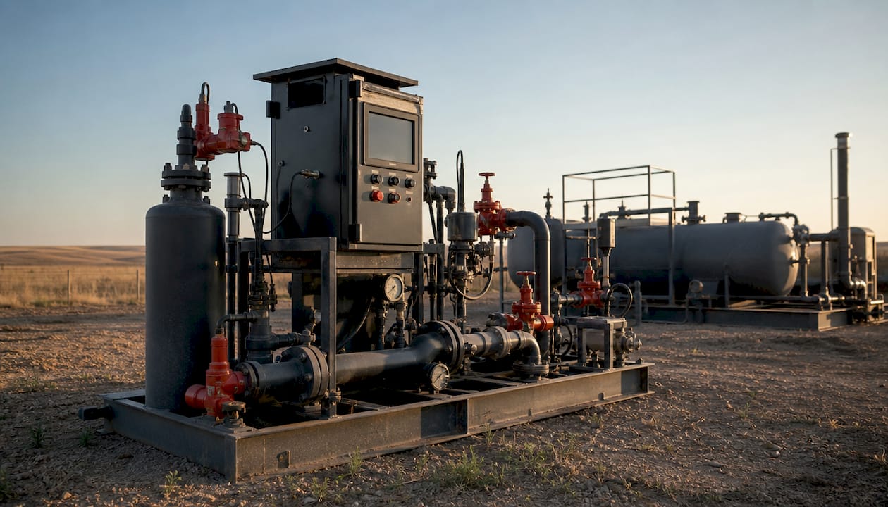 Close-up of fuel conditioning equipment in oil field
