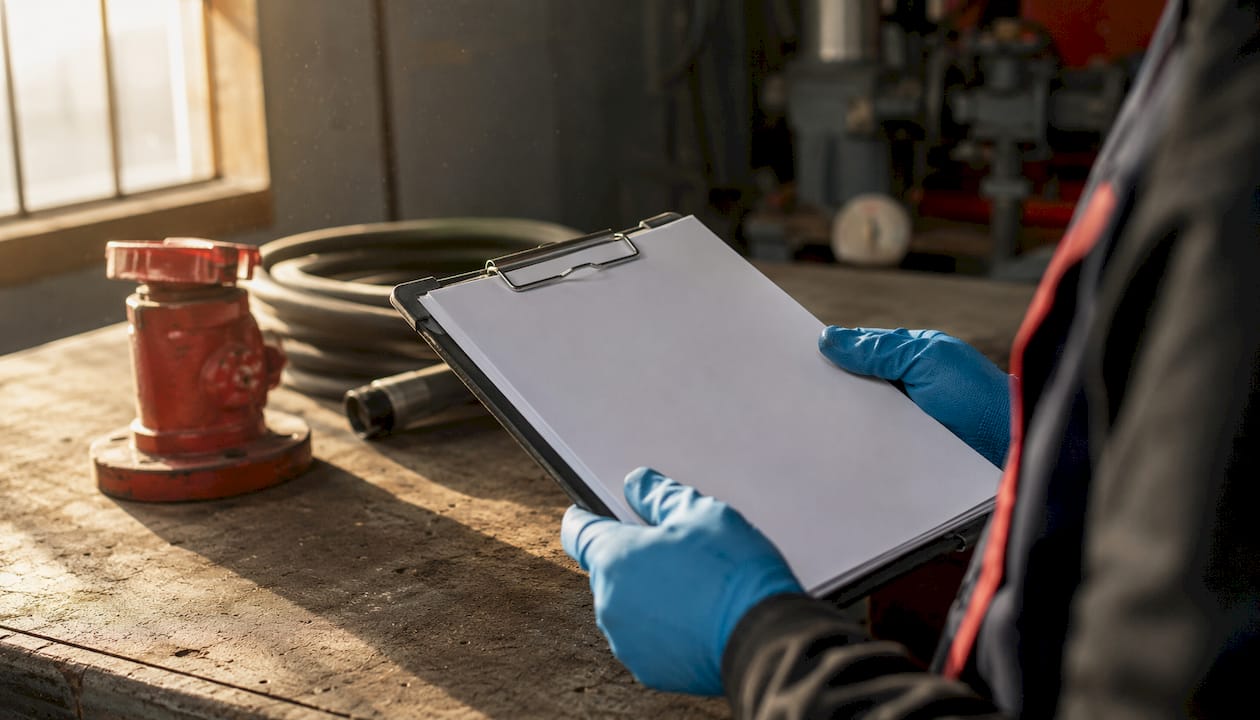 Hands holding clipboard and laptop for inspection