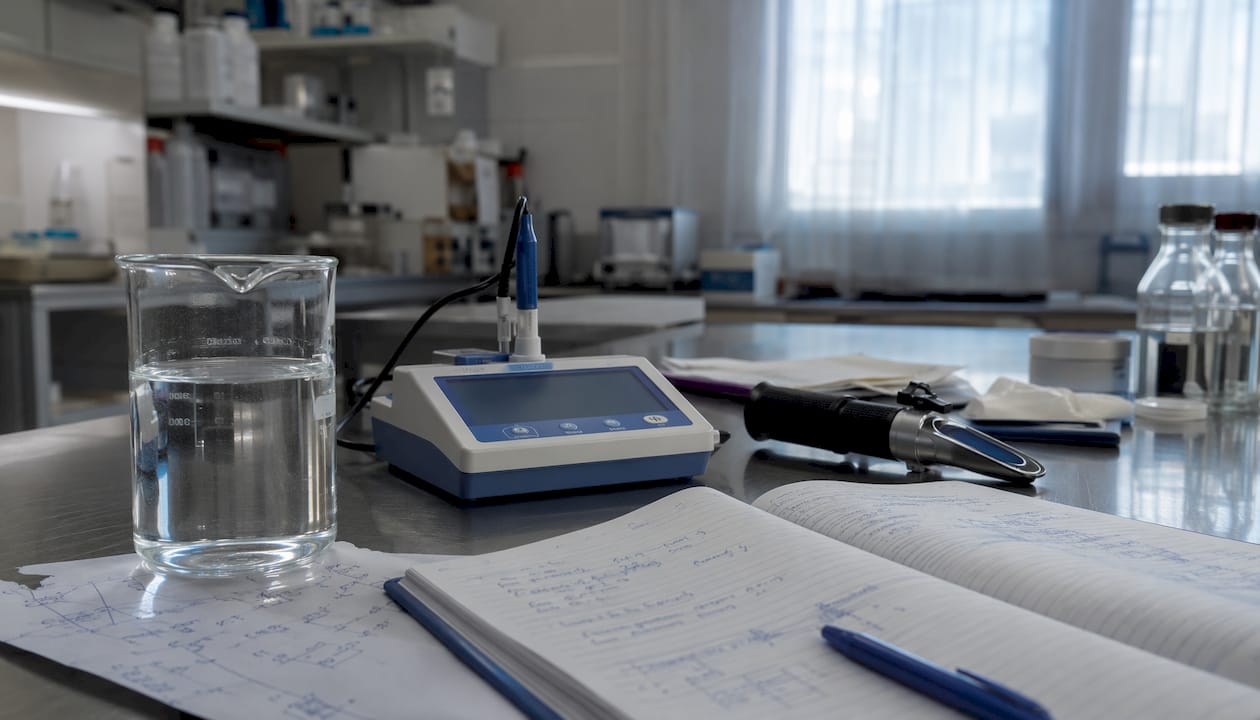 Close-up of DEF fluid sample and lab instruments