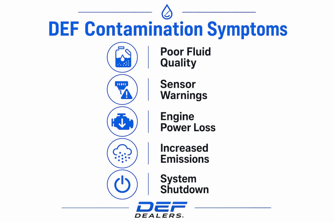 Infographic outlining DEF contamination symptoms in diesel engines