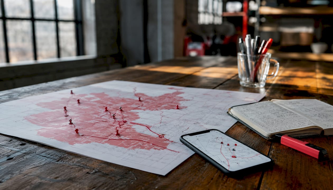 Fuel delivery route efficiency map on desk