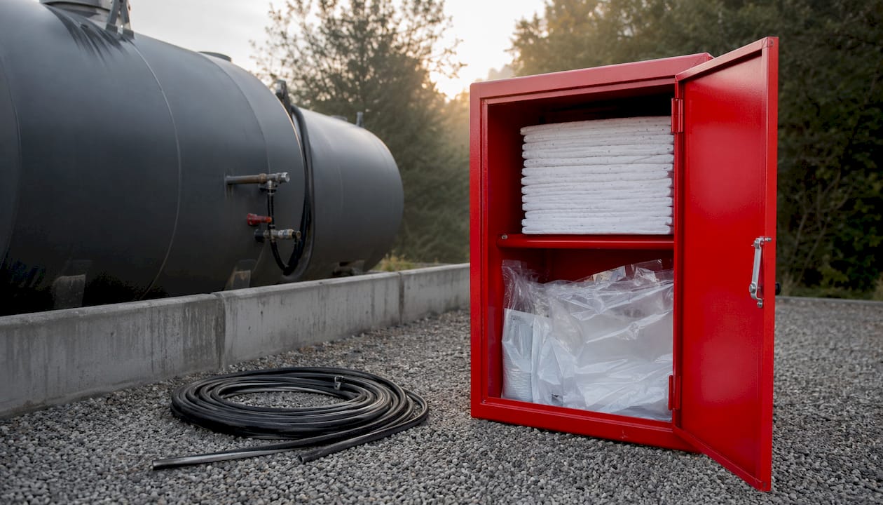 On-Site Fuel Delivery Safety Protocols: 2026 Site Guide 1 Unbranded spill kit station next to fuel tanks outdoors