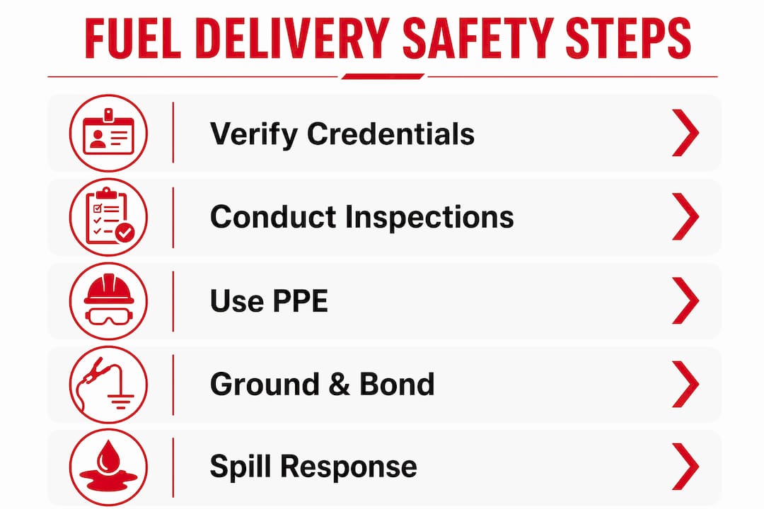 On-Site Fuel Delivery Safety Protocols: 2026 Site Guide 2 Infographic illustrating steps for fuel delivery safety